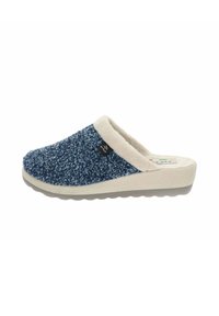 Pantofole azzurro e bianco con texture, dotate di una morbida fodera pelosa e una suola in gomma chiara per comfort e stabilità.