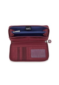 Bordeaux portemonnee met textiel, ritssluiting, meerdere kaartvakjes, doorzichtige ID-venster en een blauwe binnenvoering.
