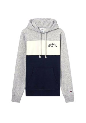 Felpa con cappuccio con maniche grigie, pannello frontale bianco con logo "Champion", parte inferiore blu scuro, tasca frontale e cappuccio con cordino.