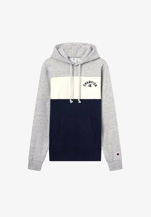 Hanorac cu glugă, cu mâneci gri, panou frontal alb cu logo-ul "Champion", secțiune de jos de culoare bleumarin, buzunar frontal și glugă cu șnur.