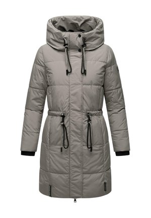 Light grey, quilted parka with a hood, drawstring waist, and elastic cuffs. Features black detailing and a full front zipper.