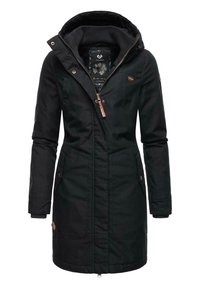 Svart parka-jakke med glidelås og knappeclosure, med hette, sidelommer og mønstret fôr. Glatt tekstur og middels lengde.