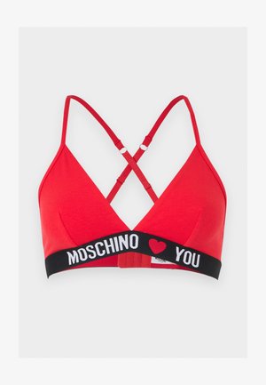 Rotes Triangle-Bralette mit dünnen verstellbaren gekreuzten Trägern und schwarzem elastischem Band mit der Aufschrift "MOSCHINO" und Herz-Symbol "YOU" in weißen Buchstaben.