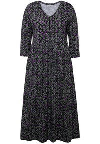 Schwarzes Kleid mit floralem Muster in Lila und Weiß, V-Ausschnitt, Dreiviertelärmeln und einer lockeren, fließenden Silhouette.