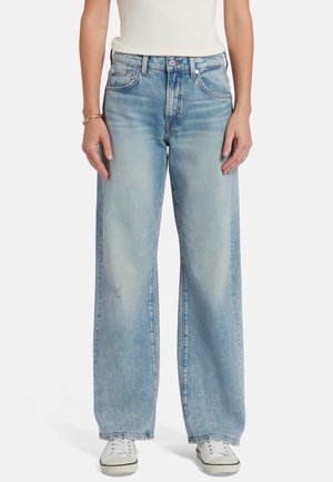 Light blue wide-leg jeans made of denim, featuring a high waist, distressed details, and traditional five-pocket styling.