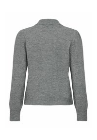 Grauer gestrickter Pullover mit langen Ärmeln, einem Kragen und einer taillierten Passform. Er hat eine glatte Textur sowie gerippte Bündchen und Saum.