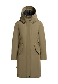 Olivgrüne wasserdichte Parka mit Kapuze, zwei Fronttaschen, Reißverschlussdetails und einer glatten Textur. Verfügt über Druckknopfverschlüsse und einen hohen Kragen.