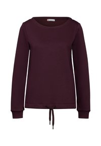 Top burdeos de manga larga en tejido suave con cuello redondo, cordón ajustable en la cintura y puños acanalados.