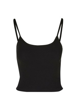 Débardeur noir à côtes avec des bretelles fines et réglables, décolleté carré et silhouette ajustée. Texture lisse, détails minimalistes.