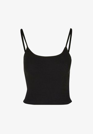 Débardeur noir à côtes avec des bretelles fines et réglables, décolleté carré et silhouette ajustée. Texture lisse, détails minimalistes.