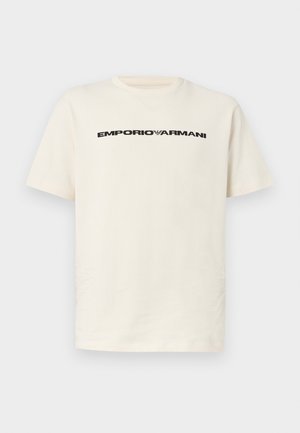 Off-white short-sleeve T-shirt with black "EMPORIO ARMANI" text and eagle logo centered on chest, crew neck collar.