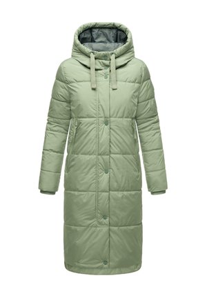 Lys grøn polstret jakke med hætte, der har et kviltet design, frontknapper og sidelommer. Glat tekstur, knælængde silhuet.