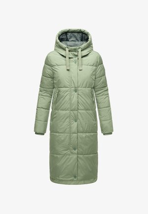 Light green padded coat with a hood, featuring a quilted design, front buttons, and side pockets. Smooth texture, knee-length silhouette.