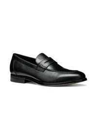 Mocassino in pelle nera con finitura liscia, design slip-on, dettagli cuciti e tacco basso impilato. Silhouette classica con accenti minimi.