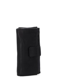 Black leather wallet with a smooth finish, rectangular shape, fold-over design, and a snap closure. Features textured accents on the side.