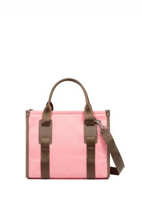 Borsa a mano in tessuto rosa con dettagli in pelle sintetica marrone, due manici superiori, una tracolla removibile e forma rettangolare.