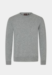 Grauer Strickpullover mit Rundhalsausschnitt und langen Ärmeln, ausgestattet mit einer weichen Textur sowie gerippten Bündchen und Saum. Keine bemerkenswerten Muster oder Akzente.