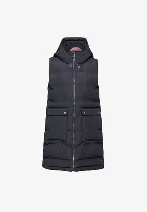 Zwarte mouwloze puffer vest met capuchon, ritssluiting aan de voorkant, twee grote drukknopen zakken en een zachte, gewatteerde textuur.