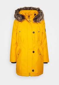 Parka d'hiver jaune avec boutons à l'avant, fermeture éclair, deux poches à rabat, poches latérales à pression et capuche bordée de fourrure.