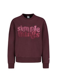 Maroon sweatshirt with ribbed cuffs and hem, featuring "simple things" text in pink and red wavy letters across the chest.