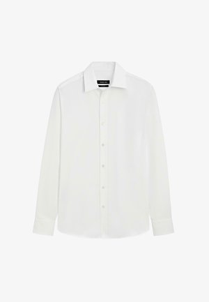 Weißes Langarmhemd aus leichtem Stoff, mit Standardkragen, Knopfverschluss und glatter Textur.