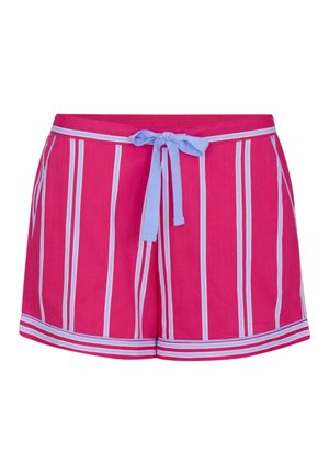 Pantaloncini rosa con strisce verticali bianche e azzurre, caratterizzati da un laccio azzurro annodato in vita e da un bordo a righe orizzontali sull'orlo.