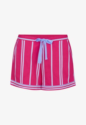 Pink shorts with vertical white and light blue stripes, featuring a light blue tied drawstring at the waist and horizontal striped trim at the hem.
