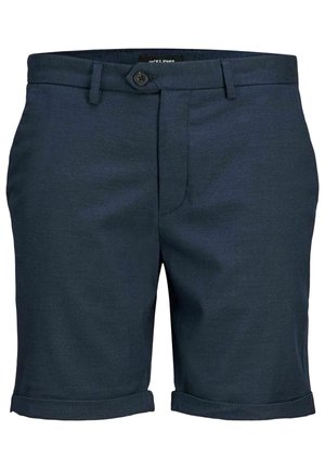 Shorts pour hommes de couleur bleu marine, ajustés, avec fermeture à bouton, passants de ceinture et ourlets retournés.