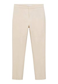 Pantalons taillés beiges avec une texture lisse, longueur cropped et plis à l'avant. Design simple sans embellissements ni motifs.