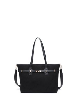 Zwarte rechthoekige totebag met twee lange hengsels, een verstelbare schouderriem en een decoratieve horizontale riem met een gouden gesp.