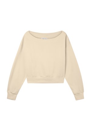 Pullover cropped a maniche lunghe in beige chiaro. Morbido mix di cotone con un ampio scollo a barca e polsini e orlo a coste. Tessuto liscio, design minimal.