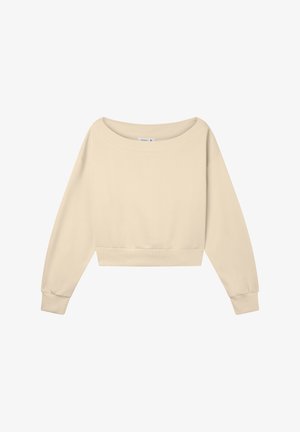 Pullover cropped a maniche lunghe in beige chiaro. Morbido mix di cotone con un ampio scollo a barca e polsini e orlo a coste. Tessuto liscio, design minimal.
