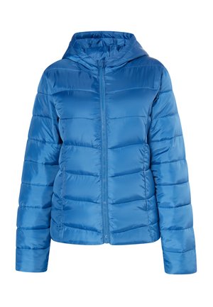 Blauwe pufferjack met capuchon, gekenmerkt door een rits aan de voorkant, ribgebreide afwerking en horizontaal doorstikte ontwerp voor isolatie. Glad, glanzend materiaal.