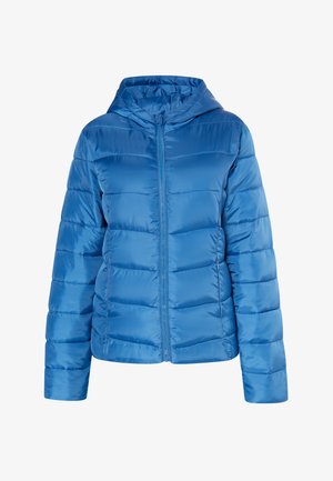 Giacca a soffietto blu con cappuccio, caratterizzata da una chiusura a zip frontale, bordi a coste e design a righe orizzontali per l'isolamento. Tessuto liscio e lucido.
