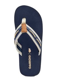 Chancla azul marino con una suela suave y texturizada, correas blancas con detalles en azul y un parche de cuero beige. Logo de la marca impreso debajo.