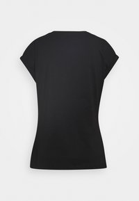 T-shirt noir cintré à manches courtes vu de dos avec un col rond et des manches légèrement retroussées sur fond blanc.