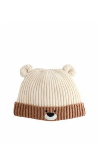 Knit hat in light cream and brown with ribbed texture. Features bear face design with ears on top and contrasting brown brim.