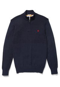 Suéter de color azul marino con un collar de media cremallera, puños y dobladillo acanalados, cuenta con un pequeño logo rojo en el lado izquierdo del pecho.