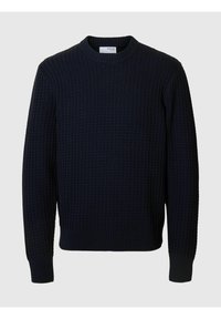 Maglione a maglia navy con motivo testurizzato, maniche lunghe e scollatura a girocollo; i polsini e l'orlo a coste aggiungono struttura. Tessuto leggero.