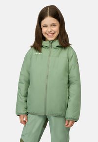 Giacca verde imbottita con zip, dotata di un alto colletto e polsini elasticizzati. La giacca presenta un logo sul lato sinistro del petto e una texture liscia.