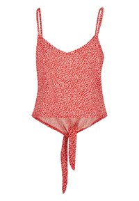 Rode bloemen tanktop met dunne schouderbandjes, v-hals en een strik in de taille. De stof heeft een zachte textuur met kleine witte bloemen.