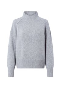 Hellgrauer Pullover mit hohem ribbelten Kragen und ribbelten Bündchen. Weicher Stoff mit lockerer Passform und Raglanärmeln. Einfaches, nahtloses Design.