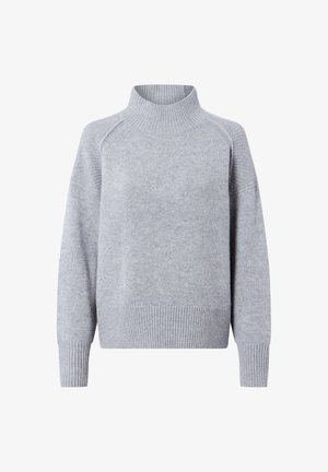 Hellgrauer Pullover mit hohem ribbelten Kragen und ribbelten Bündchen. Weicher Stoff mit lockerer Passform und Raglanärmeln. Einfaches, nahtloses Design.