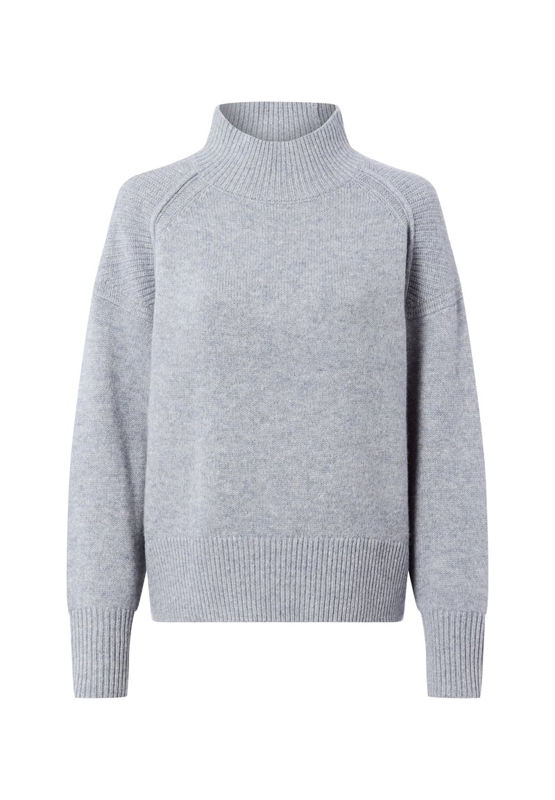 Hellgrauer Pullover mit hohem ribbelten Kragen und ribbelten Bündchen. Weicher Stoff mit lockerer Passform und Raglanärmeln. Einfaches, nahtloses Design.