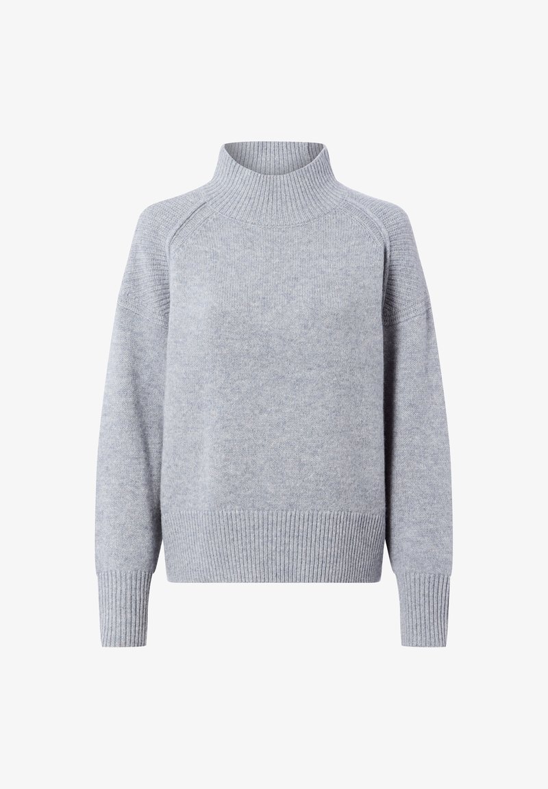 Hellgrauer Pullover mit hohem ribbelten Kragen und ribbelten Bündchen. Weicher Stoff mit lockerer Passform und Raglanärmeln. Einfaches, nahtloses Design.