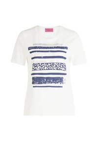 White short-sleeved t-shirt featuring navy striped graphic design with varying patterns and the text "Stronger than ever" in silver.