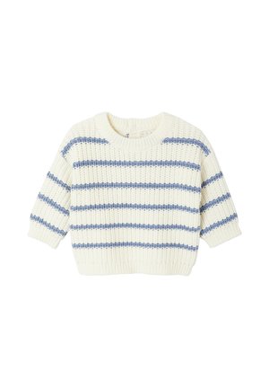 White knitted baby sweater with light blue horizontal stripes and ribbed cuffs, hem, and crew neckline.