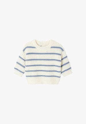 White knitted baby sweater with light blue horizontal stripes and ribbed cuffs, hem, and crew neckline.