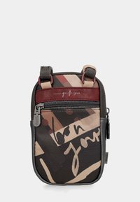 Piccola borsa a tracolla rettangolare caratterizzata da un mix di tessuti neri testurizzati e tessuti decorati in tonalità terrose. Include un comparto con chiusura zip e una maniglia.