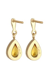 Boucles d'oreilles pendantes dorées avec des pierres précieuses jaunes facettées. Forme en goutte et finition polie, avec un design de crochet simple.
